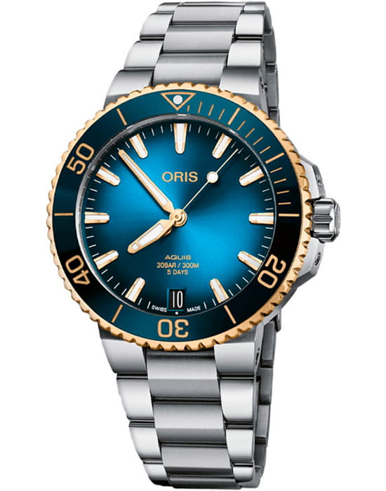 Oris Oris Aquis Date Calibre 400 01 400 7769 6355-07 8 22 09PEB  01 400 7769 6355-07 8 22 09PEB механические мужские часы синий циферблат, браслет нержавеющая сталь — вид спереди